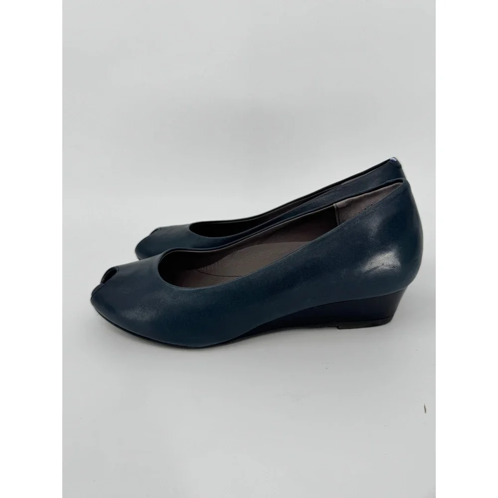 SAS Scarlett Peep Toe Wedge Pump Blue Leather Women's 8 Wide Made in Italy